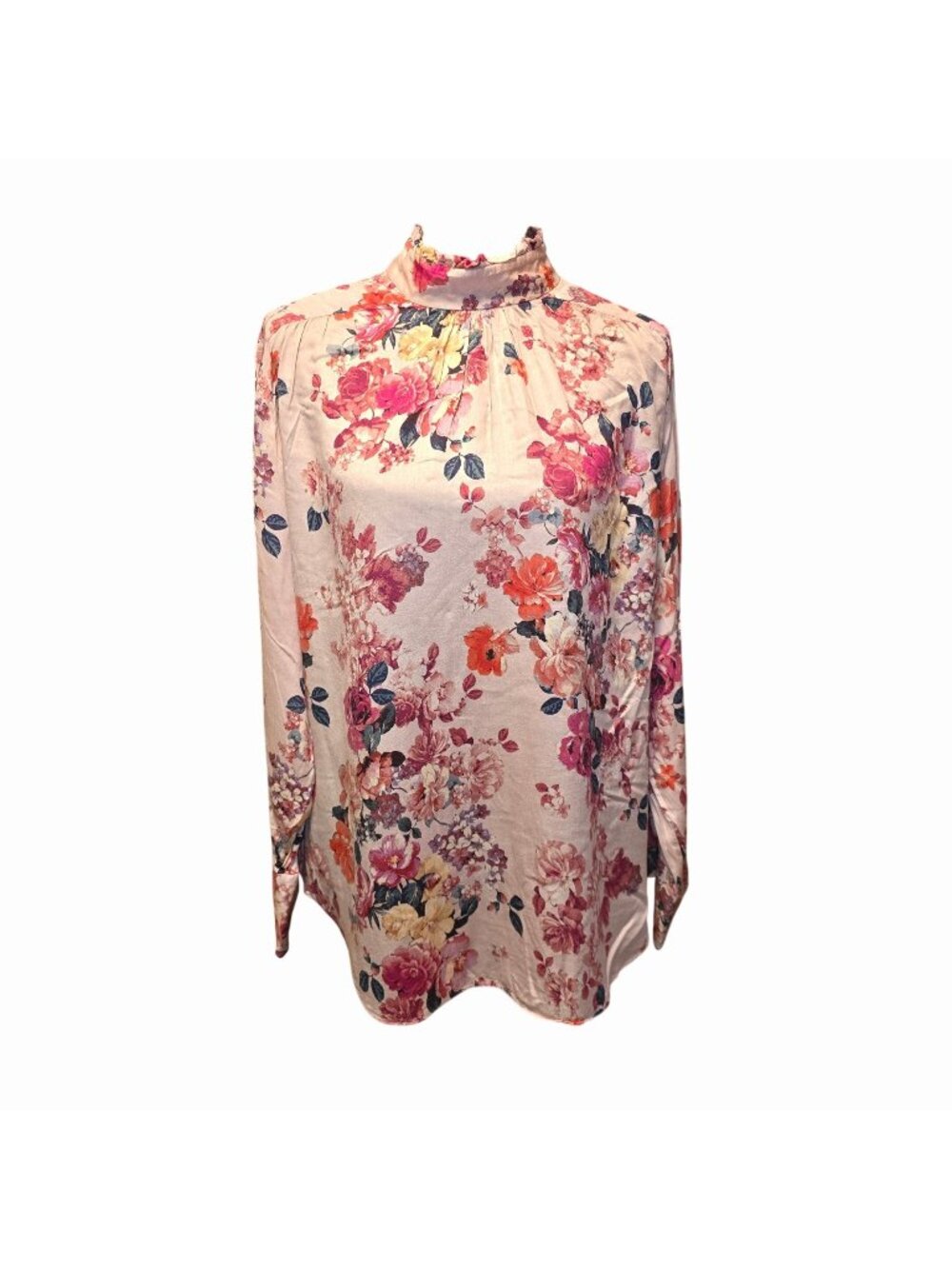 Zara Woman XXL Floral Long Sleeve Blouse Pink Boho Lightweight High Collar Flowy